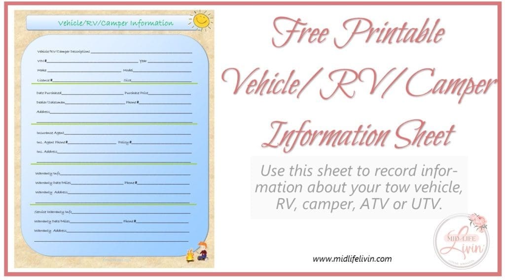Free Printable Vehicle/RV/Camper Information Sheet