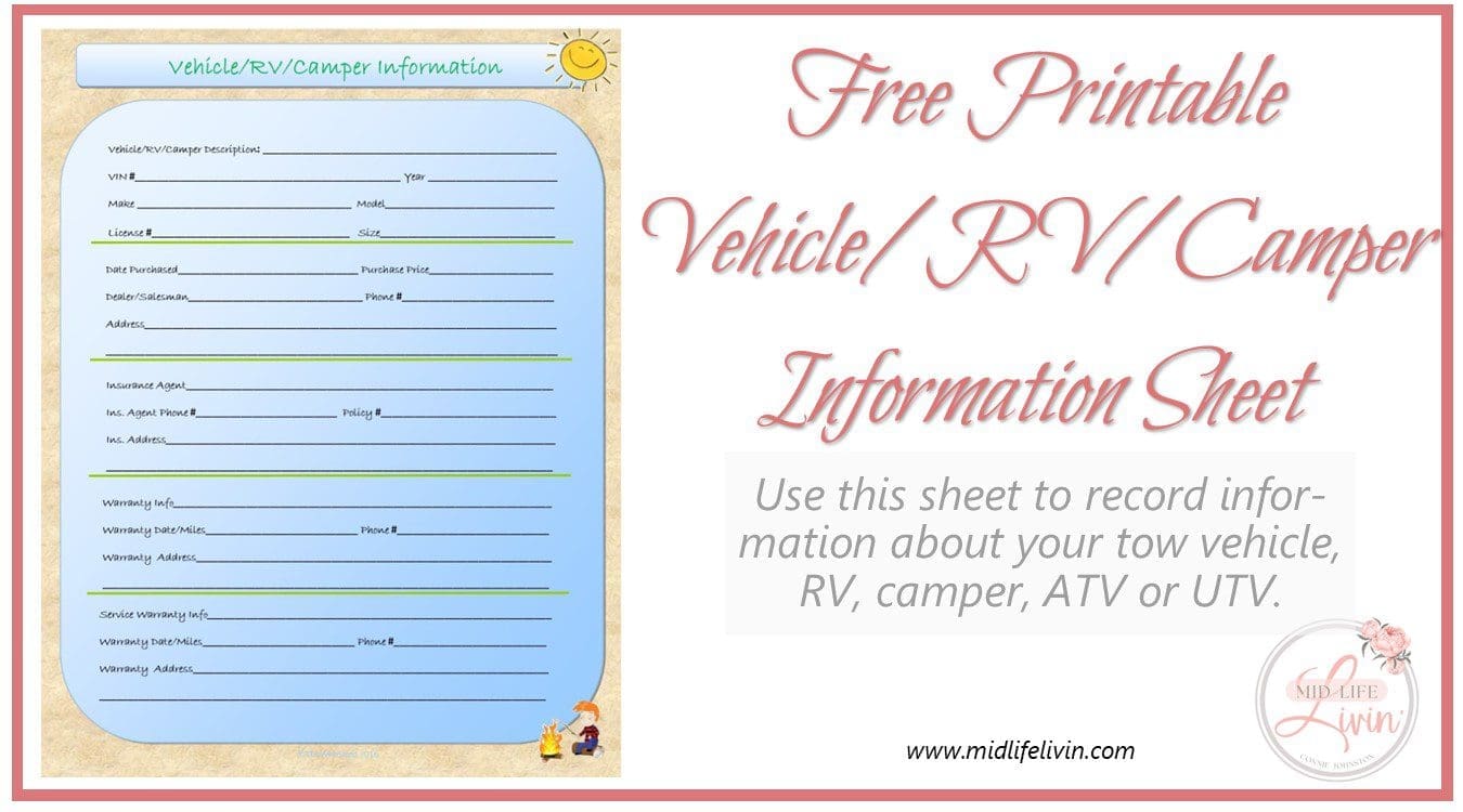 Free Printable Vehicle/RV/Camper Information Sheet