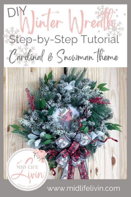DIY Winter Cardinal Snowman Wreath ~ Easy How To Tutorial using a Flocked Pine Wreath Base (Pinterest Pin)